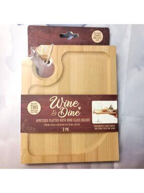 NEW Wine & Dine 7" x 6" Appetizer Platter with Wine Glass Holder – Set of 2